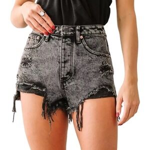Signature 8 | Black Distressed High Waisted Denim Shorts Button Fly | Size Small